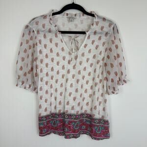 Lucky Brand Womens Puff Sheer Sleeve V-Neck Tie Paisley Pink/White Top Medium